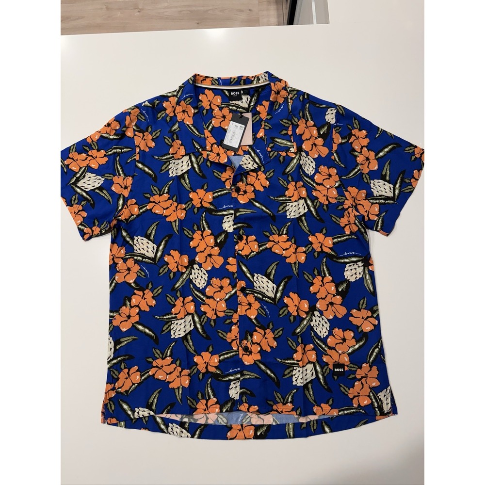 BOSS Beach Shirt Men's L Blue Floral Button Down Short Sleeve Polyester Relaxed